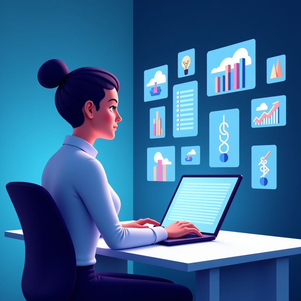 High quality conceptual art of an AI assistant generating visual assets for a business presentation, futuristic aesthetic, bright and clean composition, 16:9