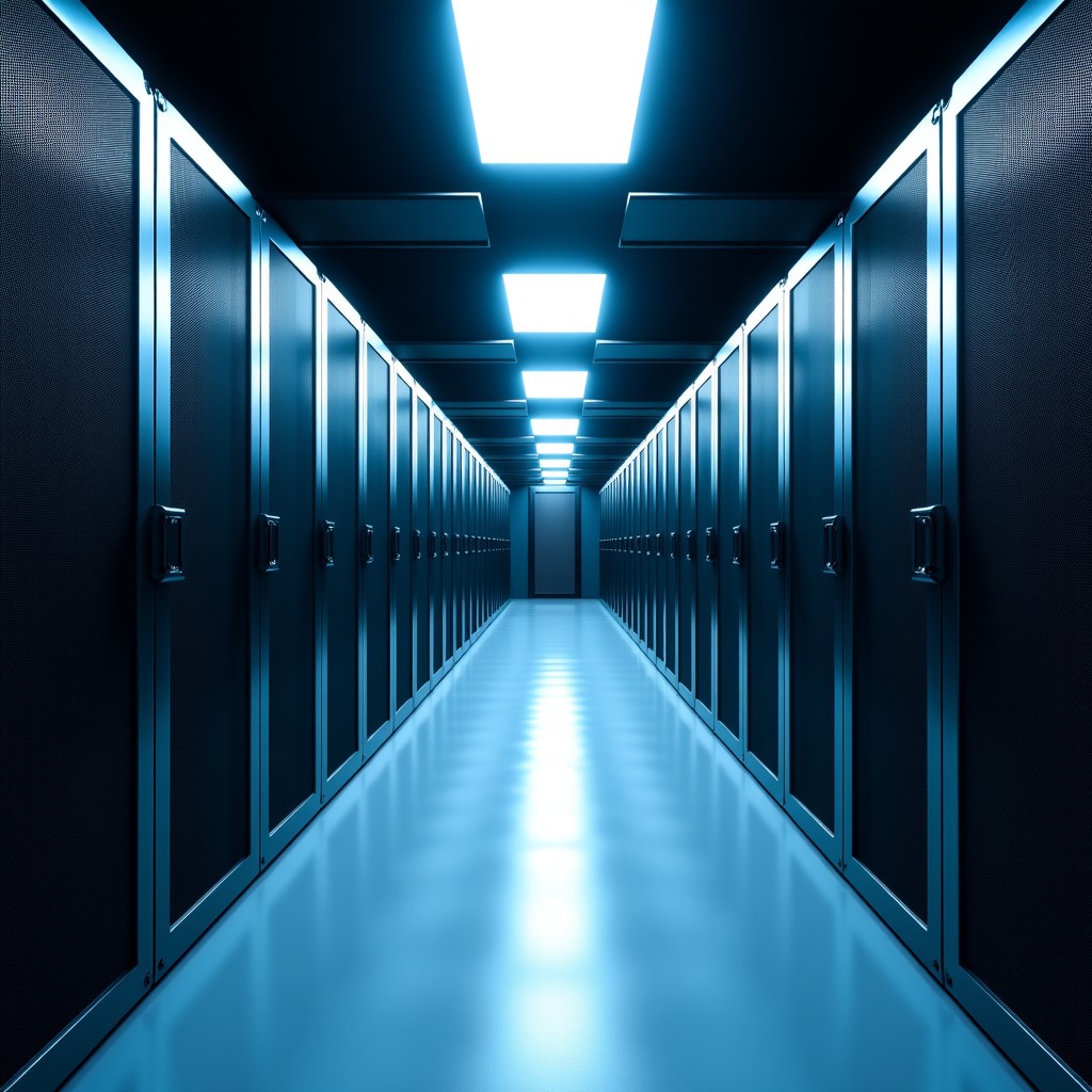 A wide angle view of an organized data center aisle with symmetrical server racks and sophisticated cooling systems, cinematic lighting, 4:3 aspect ratio.