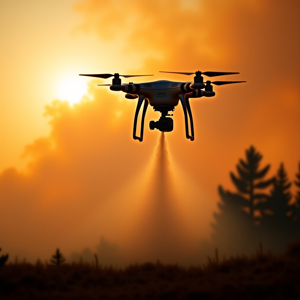A professional industrial drone spraying foam over a wildfire, technical focus, modern aerial firefighting equipment, realistic photography, 4:3.