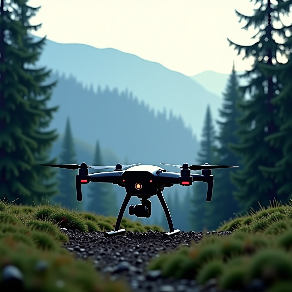 Wide shot of an automated drone base in a mountain forest, technology meets nature, serene but prepared atmosphere, realistic photography, 4:3.