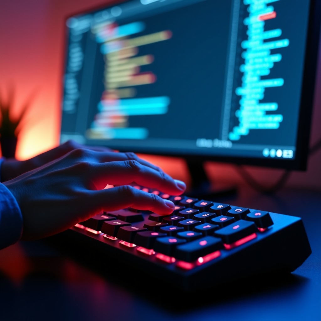 Close-up shot of a developer hands typing on a mechanical keyboard with a glowing code editor screen in the background, professional workspace, 4:3