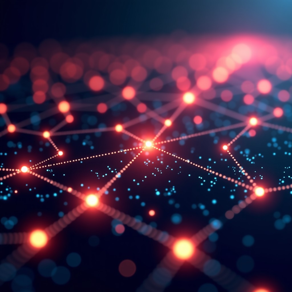 Abstract representation of digital data nodes connecting with glowing light, dark background with neon accents, cinematic lighting, 4:3