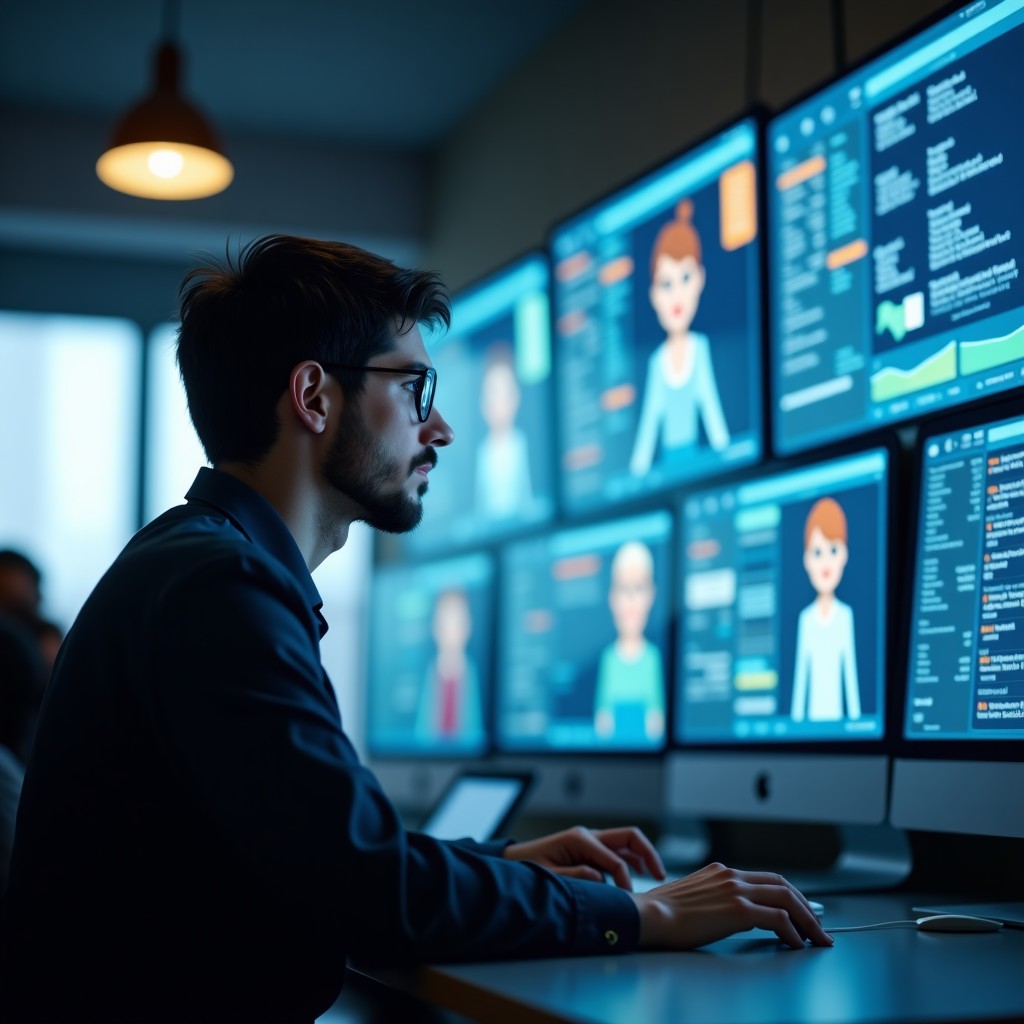 A professional developer looking at a futuristic interface with multiple AI agents, soft office lighting, focused and clean, realistic style, aspect ratio 4:3