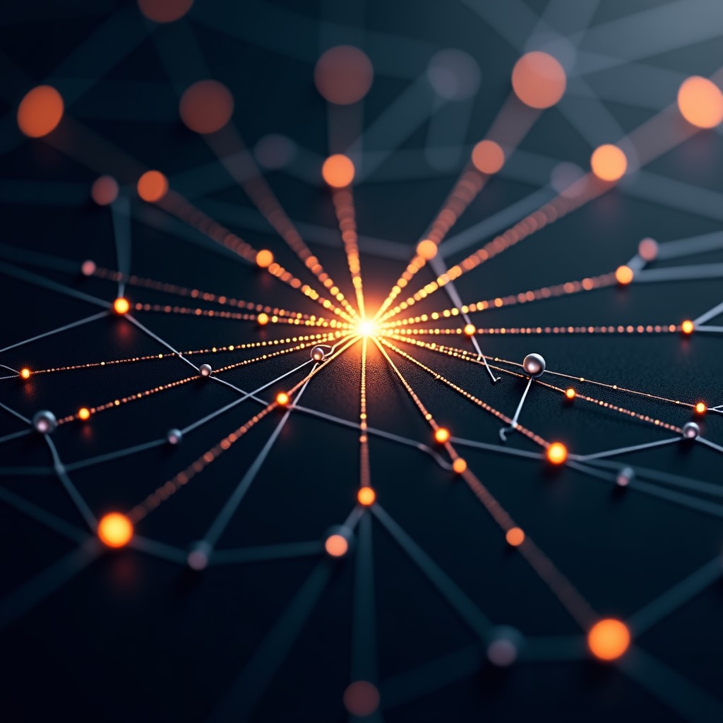 Abstract representation of digital identity verification, interconnected network nodes, gold and silver glowing lines, dark background, 16:9 ratio.