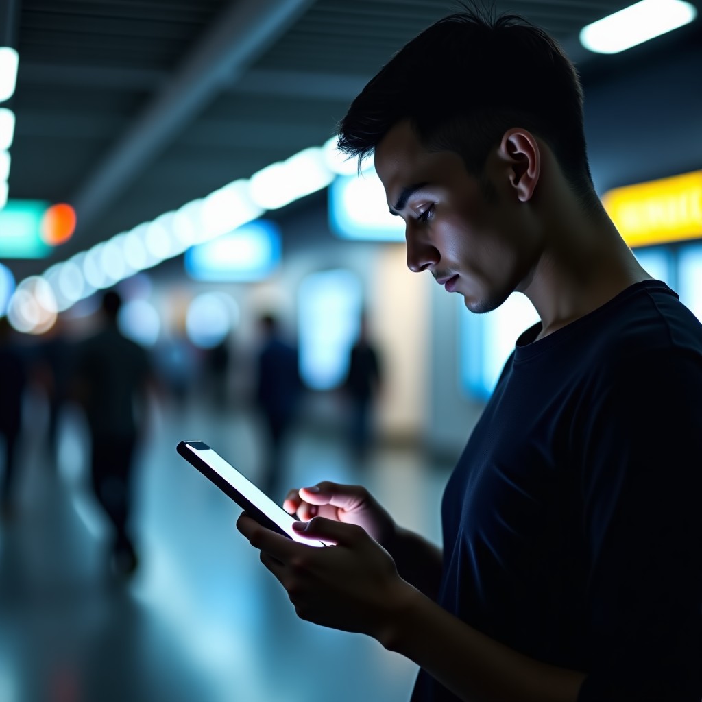 A person using a smartphone in a modern, brightly lit environment, suggesting smart technology usage, cinematic lighting, 16:9 ratio.