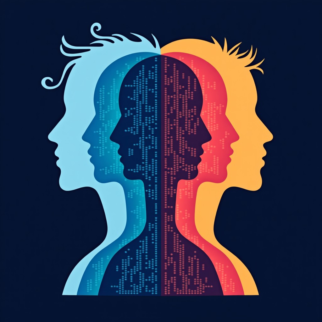 Conceptual art showing a digital divide, one side with binary codes and tech growth, the other side showing human connection and diverse faces, modern sleek style, 4:3 aspect ratio