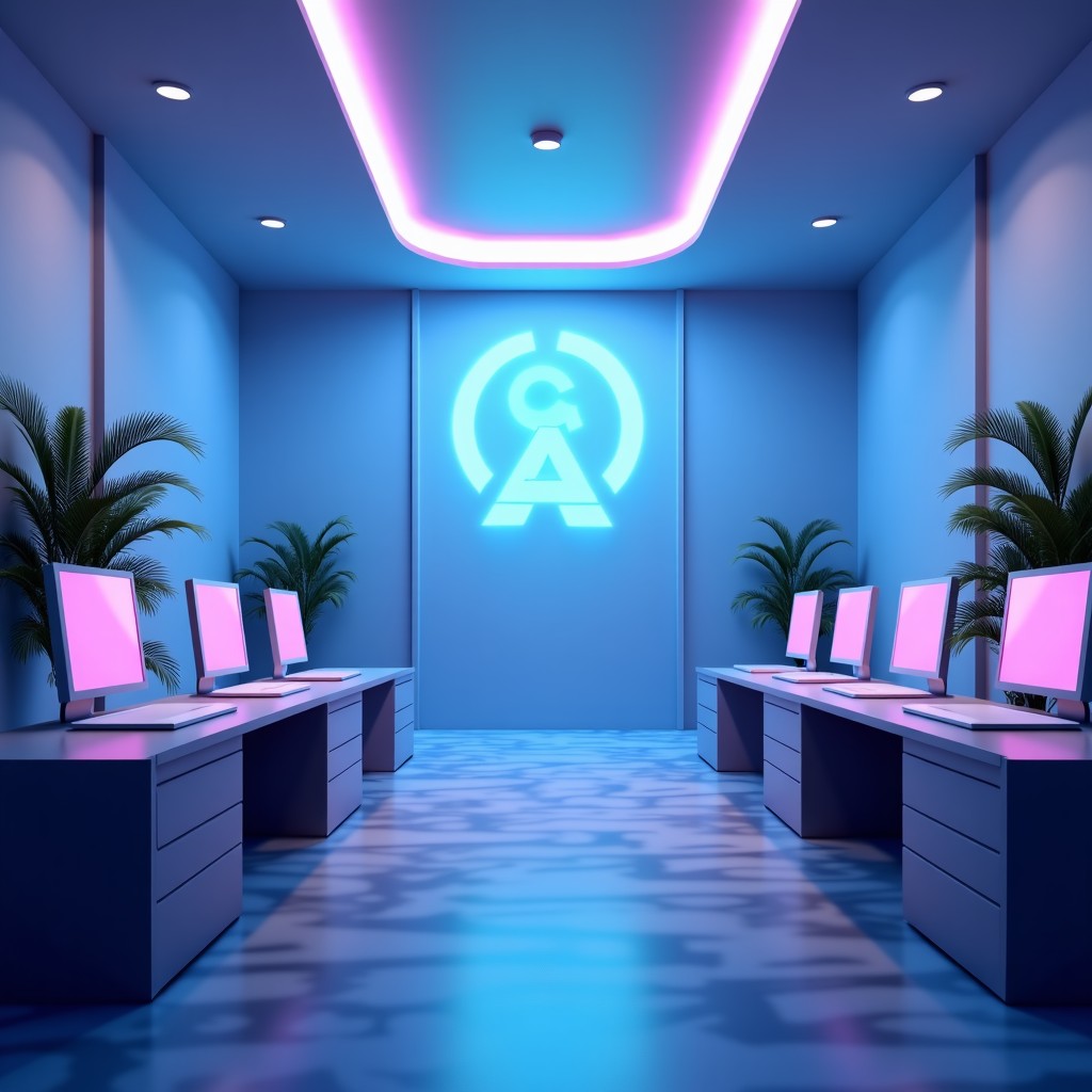 An abstract depiction of corporate leadership structure with AI elements, high-tech office aesthetic, soft blue and purple lighting, 4:3