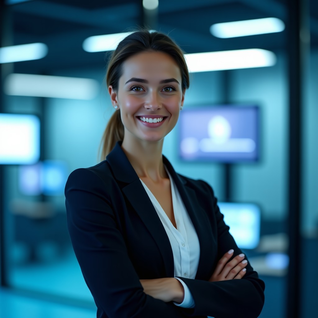 A confident female professional working in a futuristic AI lab environment, vibrant and professional, soft lighting, 4:3 aspect ratio