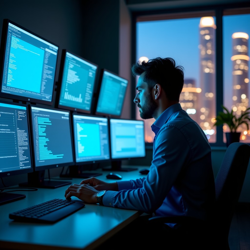 A professional workspace with multiple screens displaying data, calm and focused atmosphere, high quality photography, 4:3