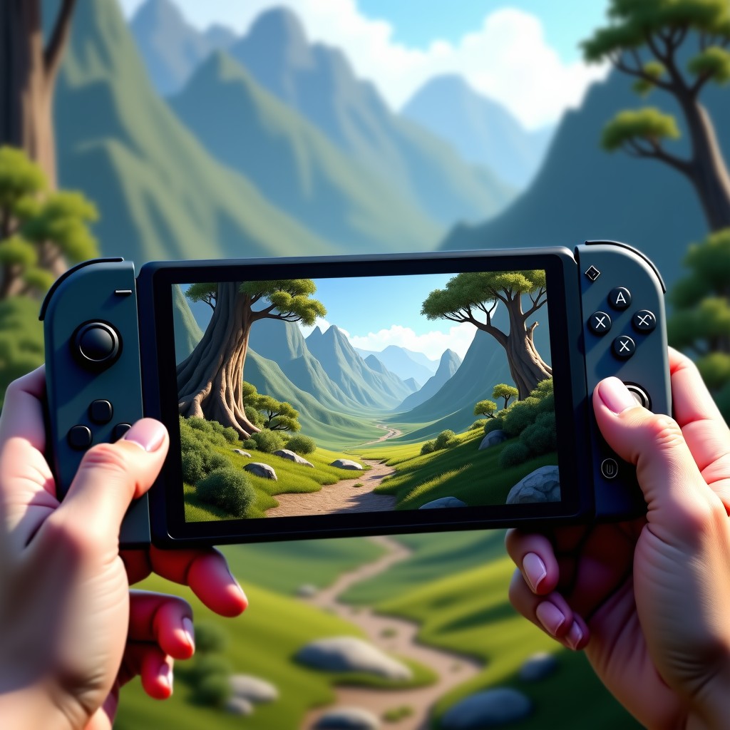 A detailed view of a fantasy video game landscape on a handheld screen, showing high quality textures and sharp details, realistic environment, 4:3 aspect ratio