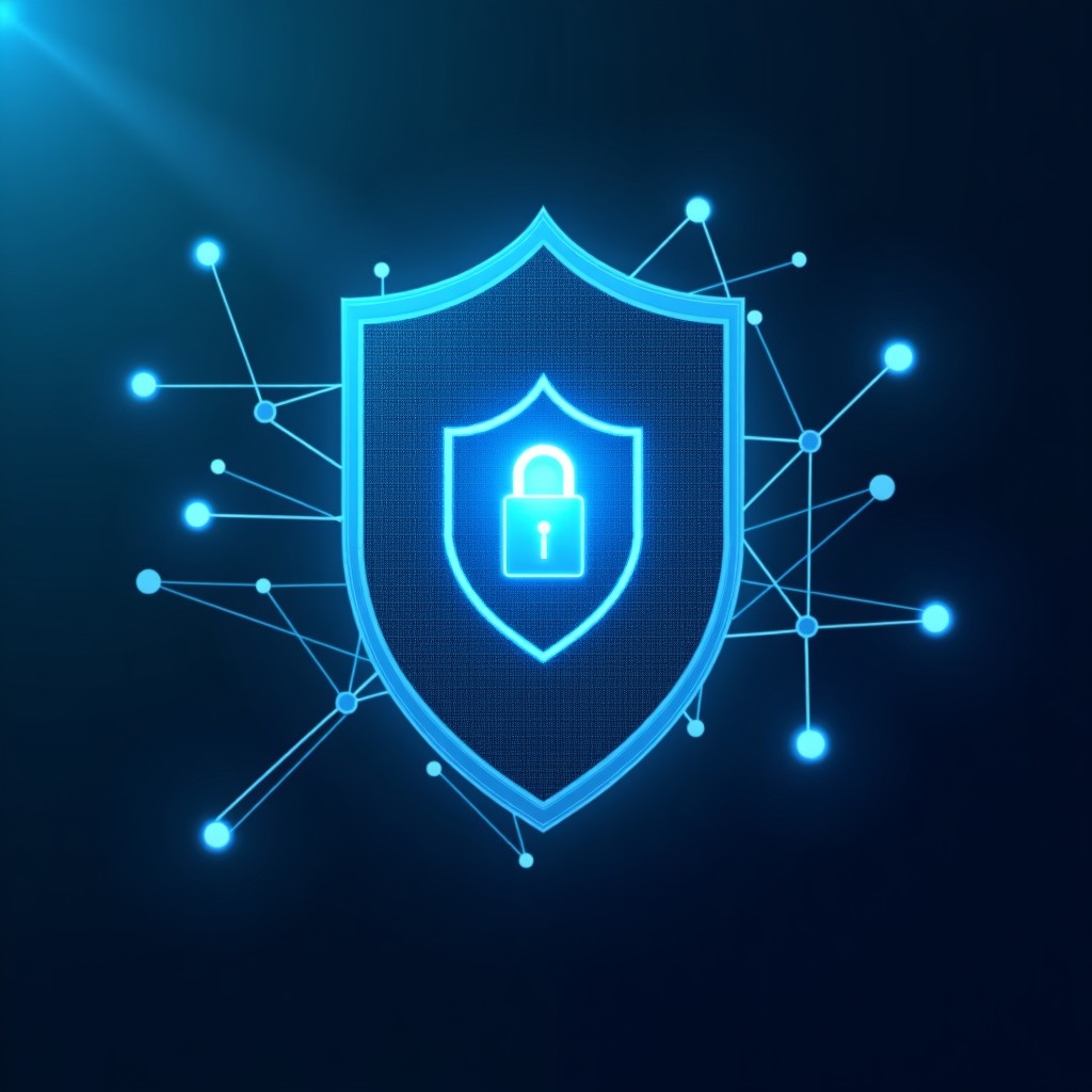 A digital interface showing abstract security shield and neural network nodes, cyber security theme, professional, tech-oriented, realistic, 4:3