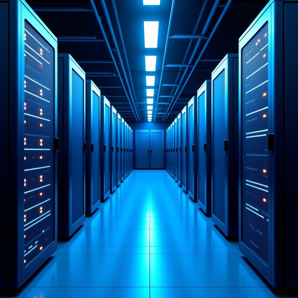 Advanced cloud computing server infrastructure with bright blue and white lights, industrial technology, high-end server room, realistic, 4:3