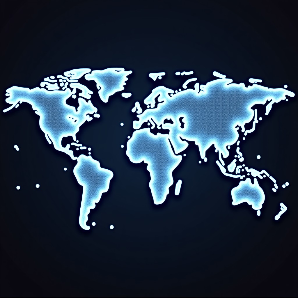 Global digital network map connected with glowing lines on a dark background, representing worldwide technology expansion, professional, 4:3