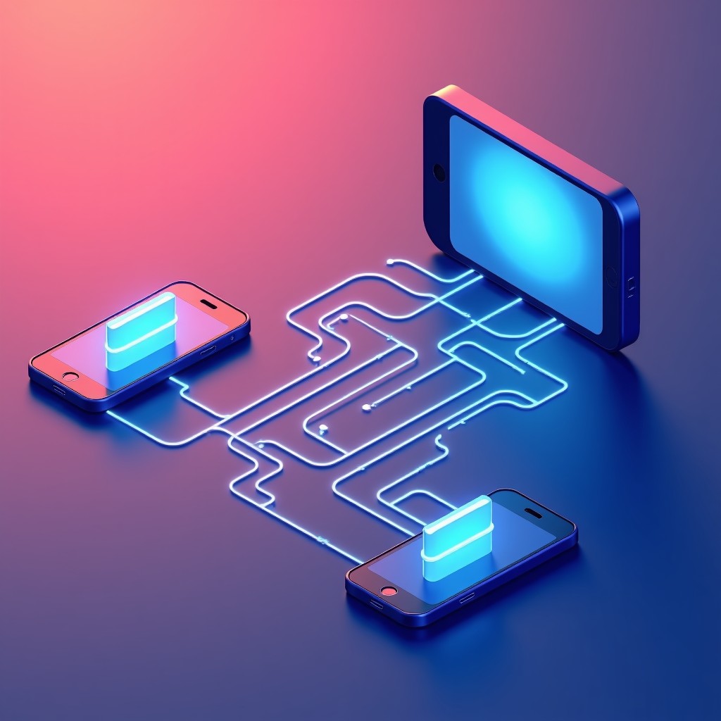 Abstract representation of digital content distribution, flowing data streams connecting filmmakers to a mobile device, clean minimalist style, vibrant gradient background, 1:1