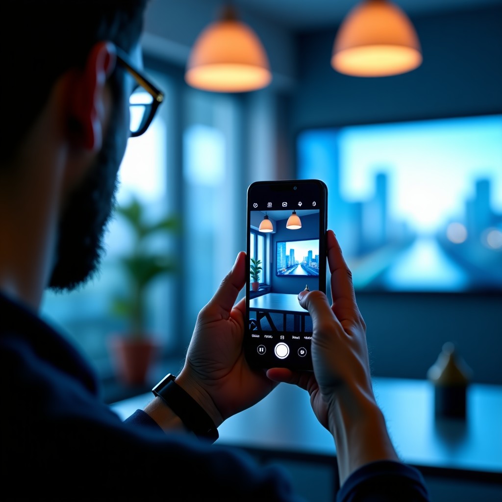 A person holding a smartphone watching a vertical movie, high-tech modern interior background, bright professional lighting, cinematic perspective, 4:3
