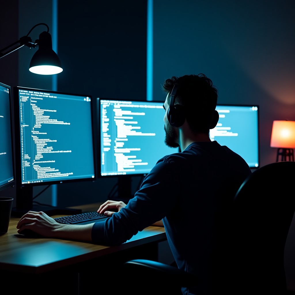 A dark room with a developer looking at multiple monitors filled with code and graphical rendering nodes, intense atmosphere, moody lighting, 4:3 aspect ratio.