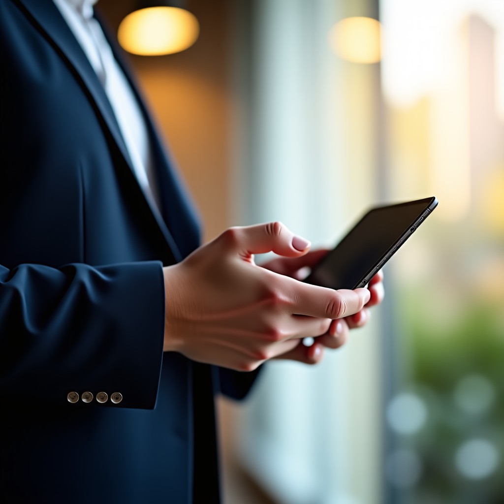 A person holding a futuristic foldable device, natural light, warm atmosphere, professional office environment, focus on the device, soft bokeh, 4:3