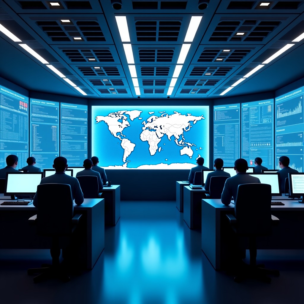 Futuristic military command center with large holographic map displays and data analytics, professional, clean design, 16:9 ratio.