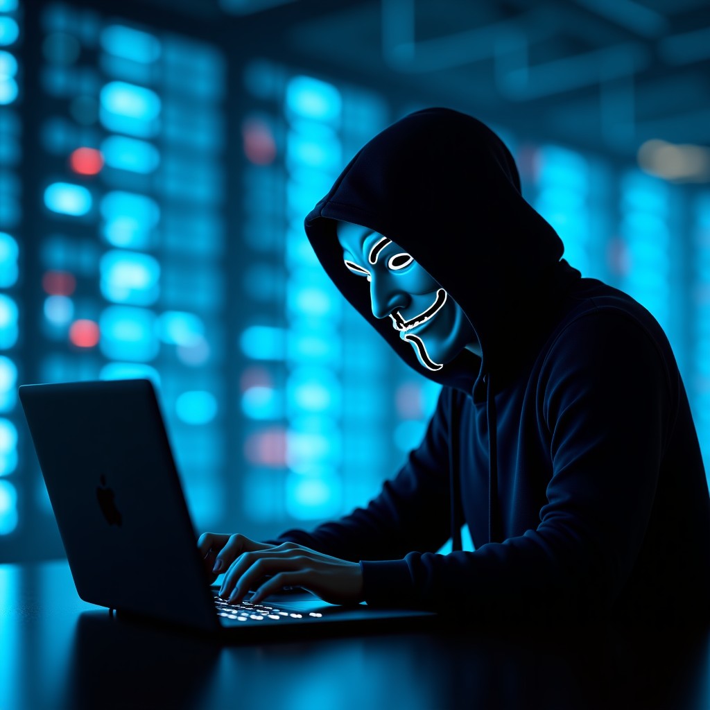 Conceptual digital art of a masked hacker working on a laptop with complex network lines and server nodes in the background, sharp focus, 4:3