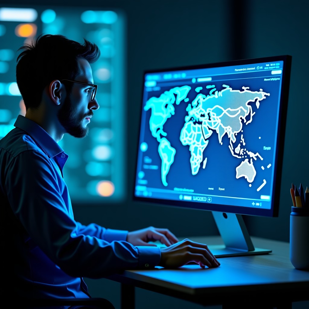 Network administrator analyzing data on a holographic screen showing server connections and security monitoring, professional style, 4:3