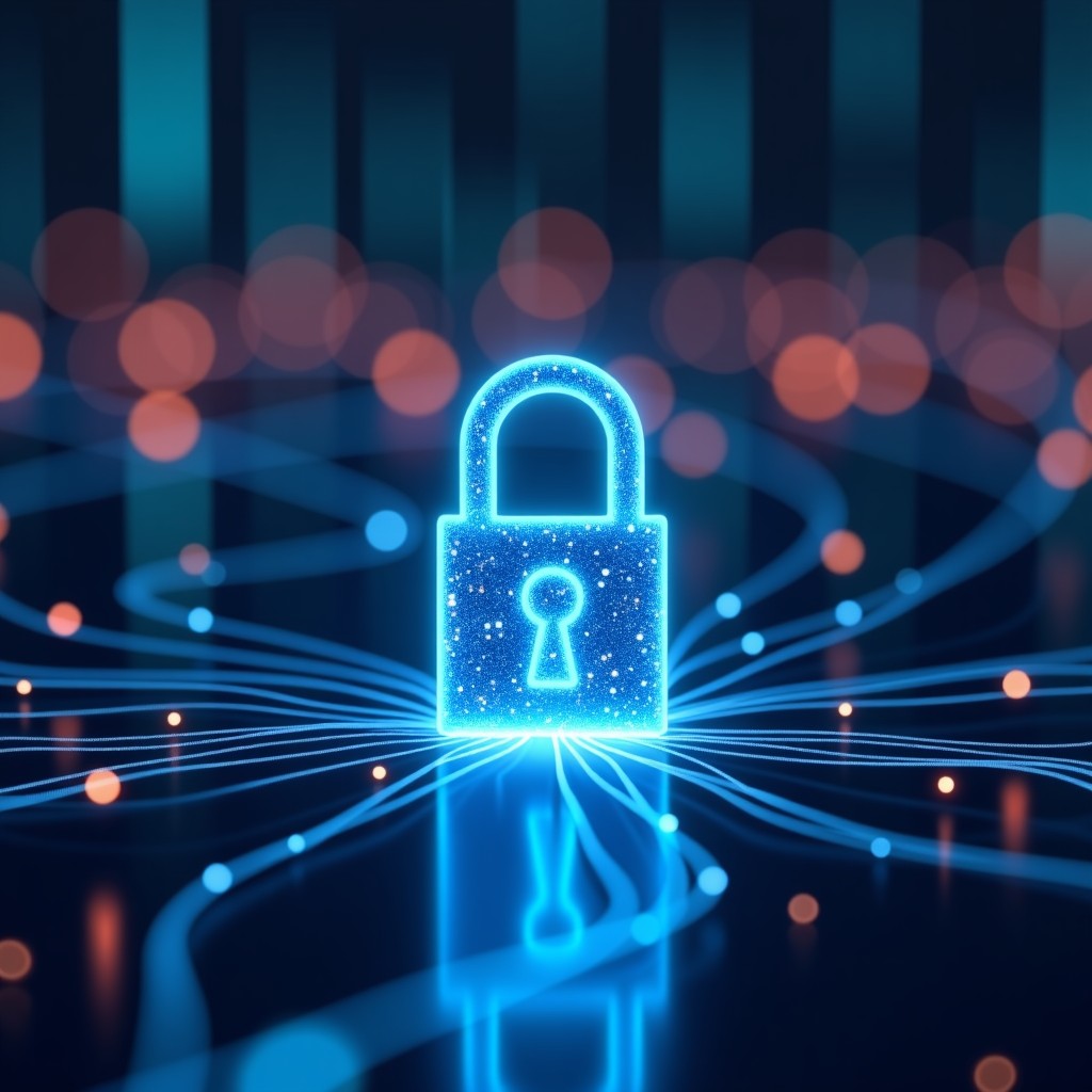 Close up of a secure digital padlock glowing in a complex fiber optic network cables environment, futuristic, 4:3