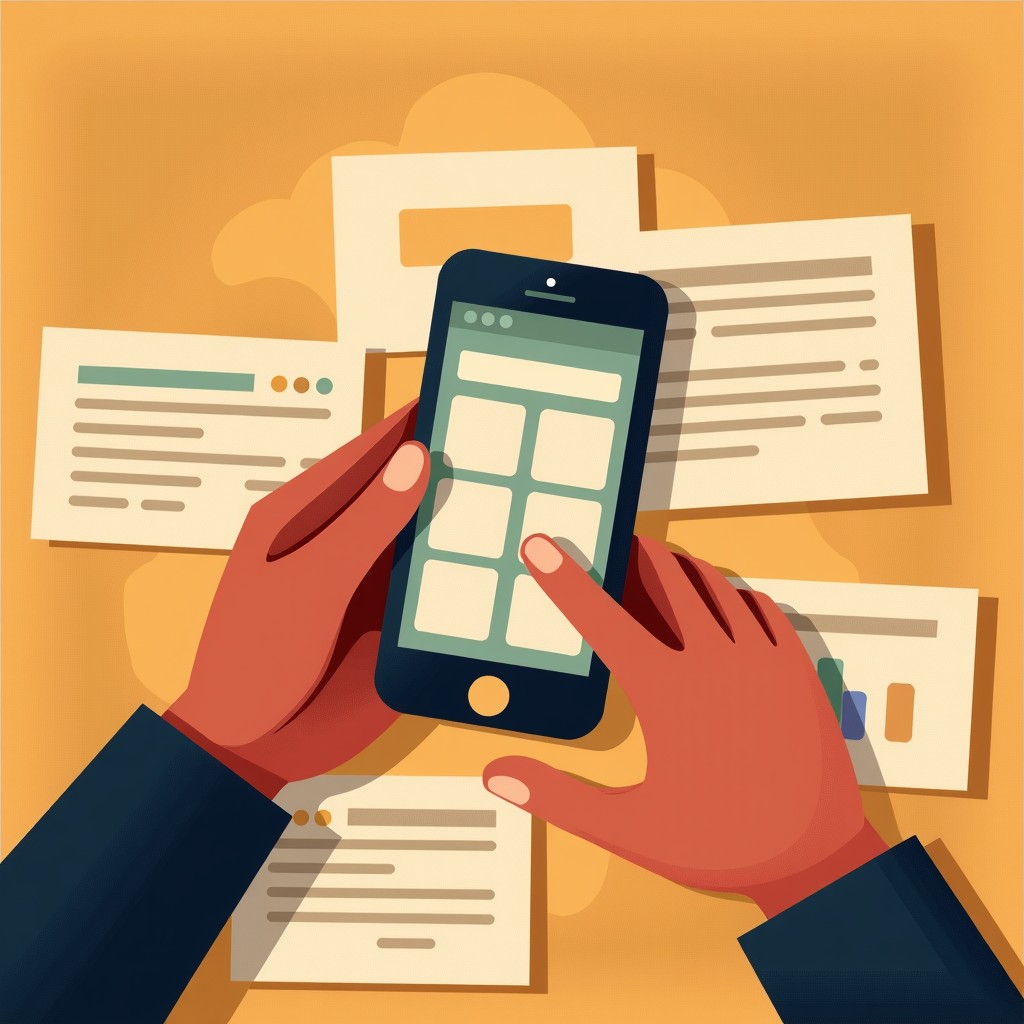 A warm composition showing human hands using a mobile phone to explore indie websites, vintage paper textures mixed with digital interface, high quality, 4:3.