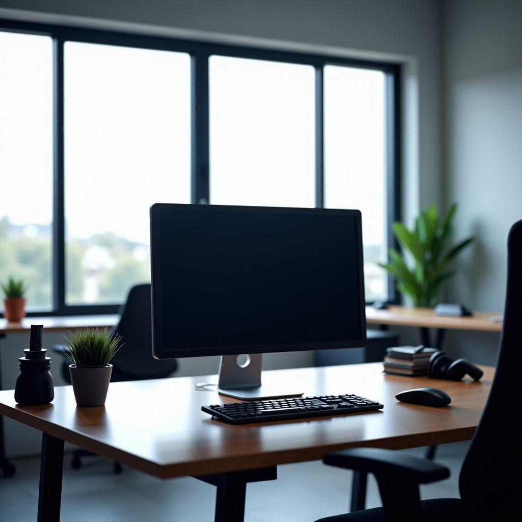 A high-end developer workstation in a modern office, bright and balanced lighting, clean desk with minimal setup, professional environment, realistic, 4:3