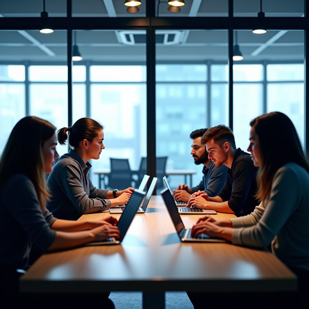 Diverse team of engineers working on complex software data in a modern office, focus on collaboration, 4:3