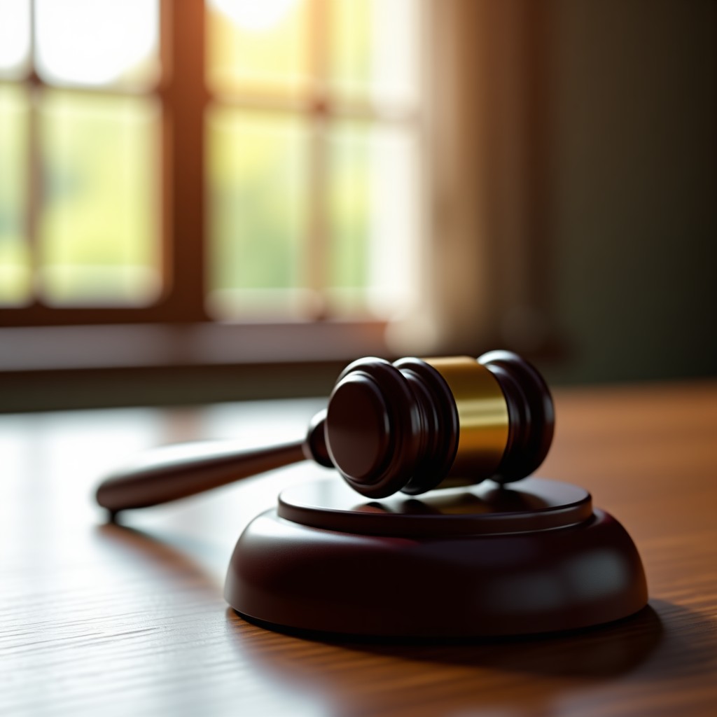 A symbolic representation of a court gavel on a wooden desk with a digital blur background reflecting legal proceedings and fairness, 4:3