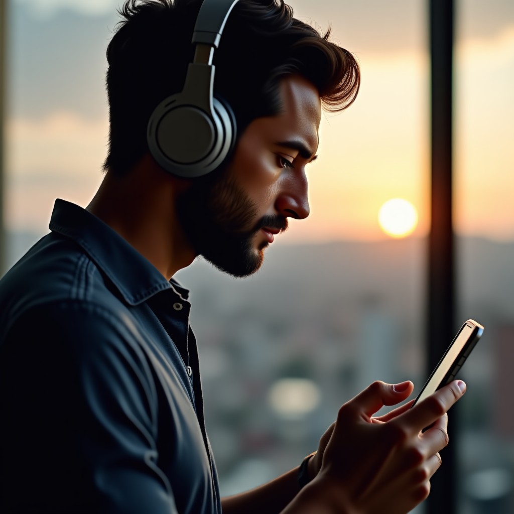 High quality lifestyle photography of someone using professional headphones connected to a smartphone, 4:3