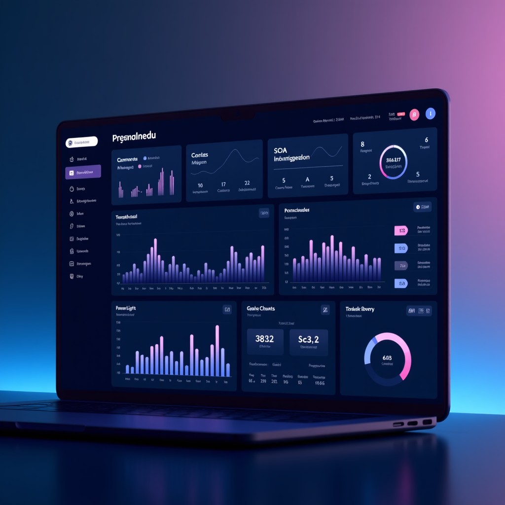 A sleek dark-themed dashboard showing various data charts and graphs, high-end professional UI design, soft blue and purple lighting, 4:3 aspect ratio.