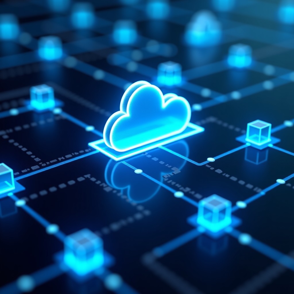 An abstract representation of cloud network nodes connected in a glowing grid, modern data center aesthetic, professional and clean, 4:3 aspect ratio.