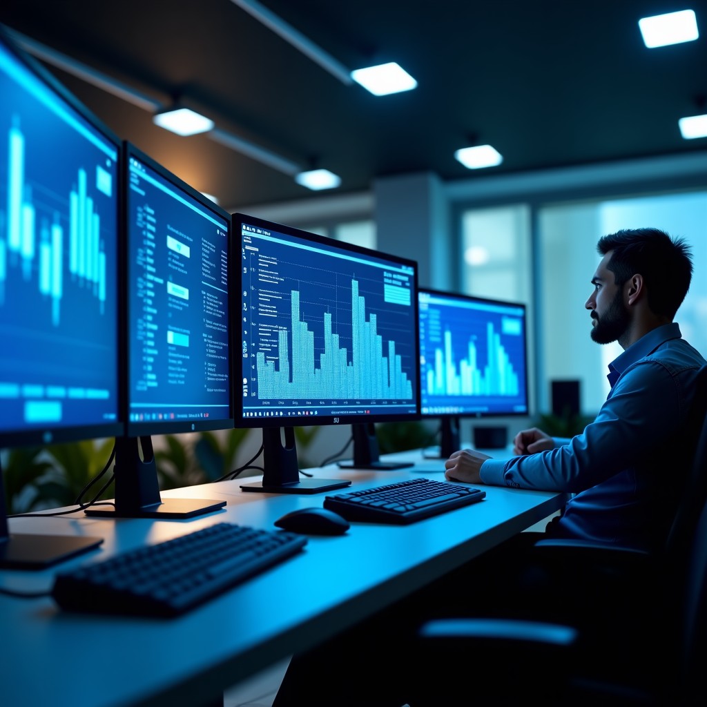 A detailed conceptual visual of a high-tech analysis workspace with multiple monitors displaying complex analytics and architectural patterns, professional workspace, 4:3 aspect ratio.