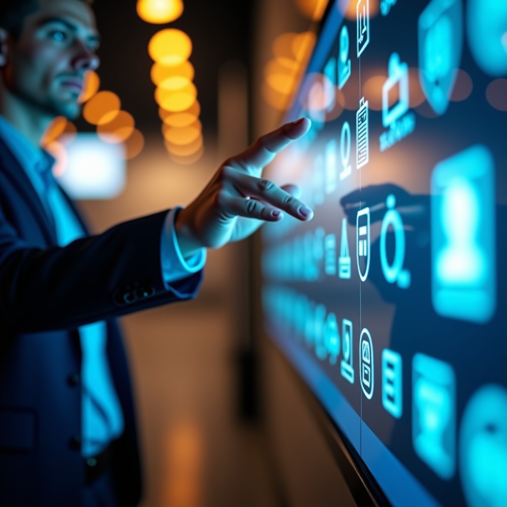 A professional human hand interacting with a futuristic digital interface, depth of field, warm indoor lighting, realistic composition, 16:9