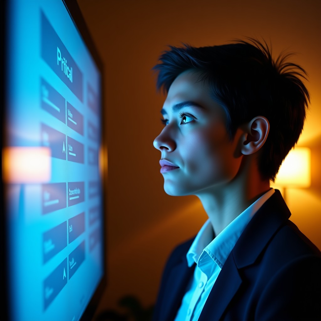 A thoughtful person looking at a digital screen, critical thinking concept, warm lighting, sharp focus, professional and modern atmosphere, 4:3 aspect ratio