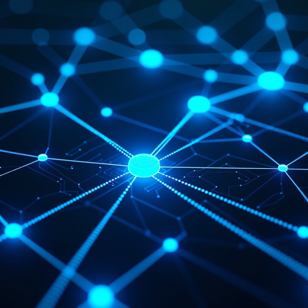 A complex network of glowing blue lines and nodes representing server connections, dark blue theme, technological aesthetic, 4:3
