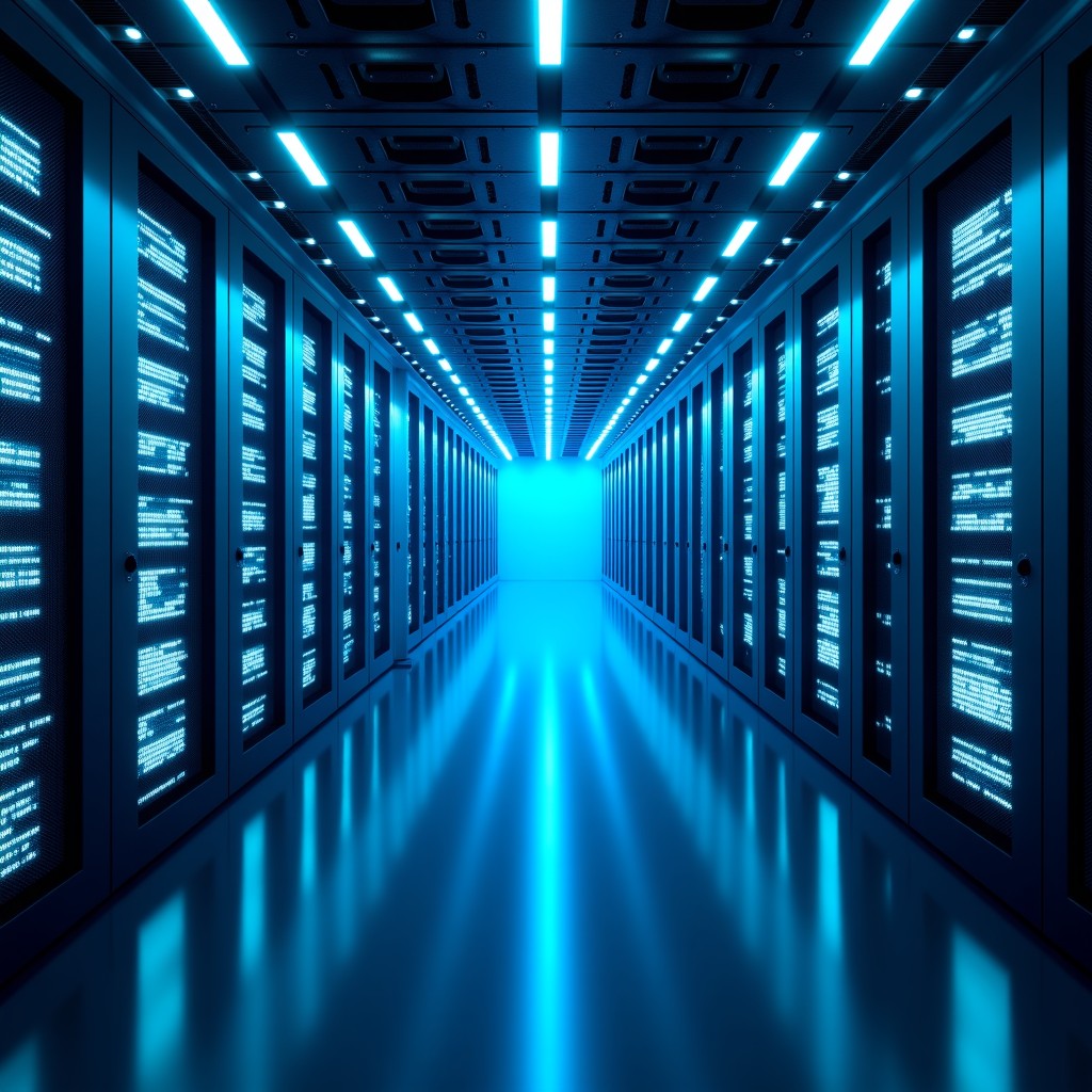 A high-tech data center interior with interconnected glowing nodes and blue neon lighting reflecting on polished surfaces, symbolizing complex AI infrastructure, 4:3