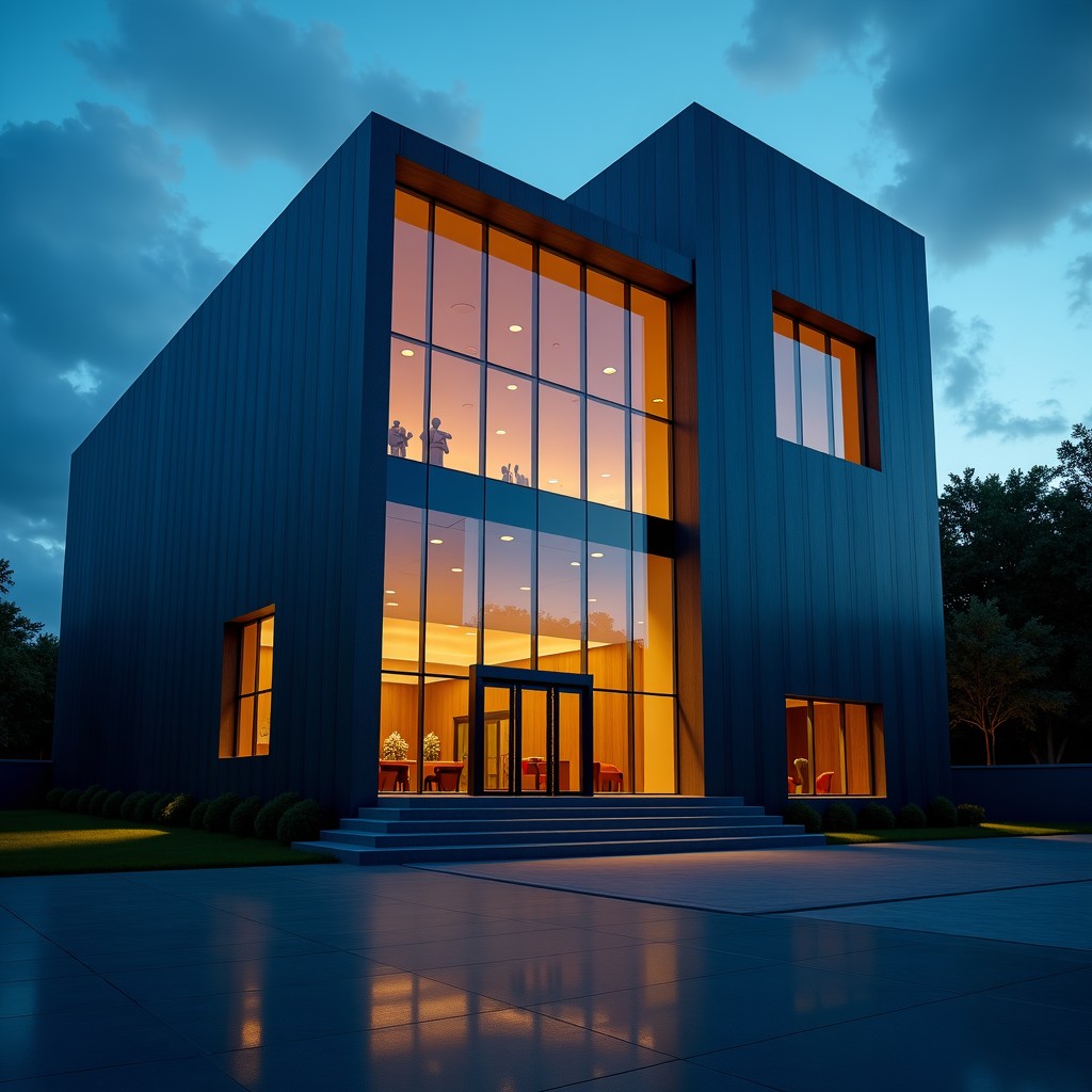 Modern glass architecture of a courthouse with dramatic lighting, sharp angles, reflecting the atmosphere of a serious legal dispute, cinematic composition, 4:3