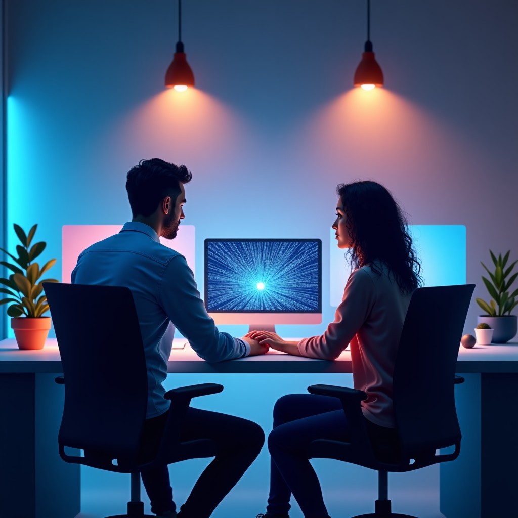 Abstract representation of technology and human collaboration, glowing digital elements integrated into a workspace, modern aesthetic, 4:3