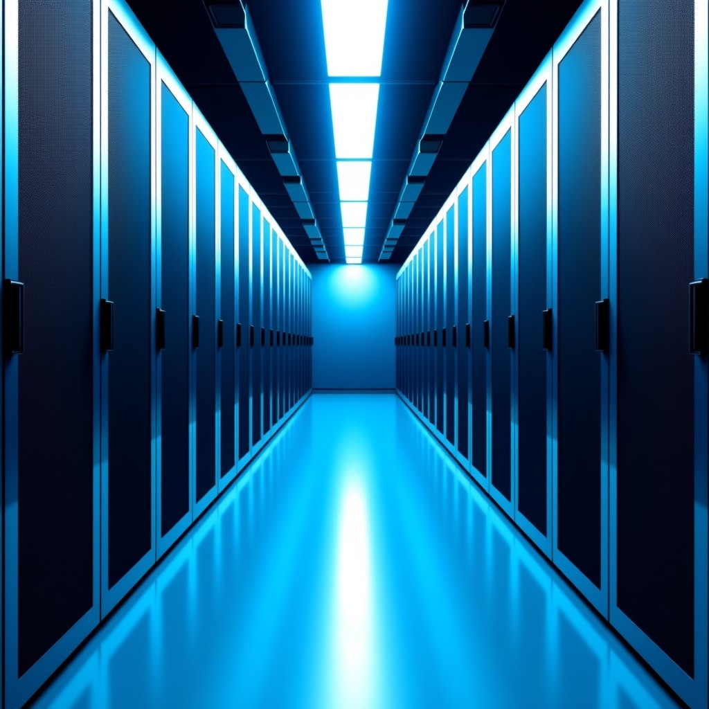 Wide view of server racks in a high-tech data center, clean blue light, symmetrical composition, professional technology infrastructure, 4:3