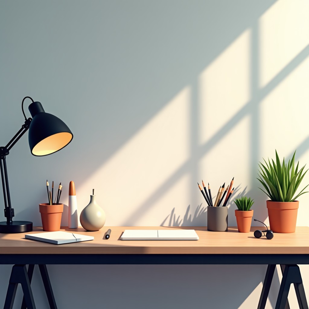 An array of various creative design tools on a clean wooden desk, modern minimalist aesthetic, soft office lighting, high quality, 4:3