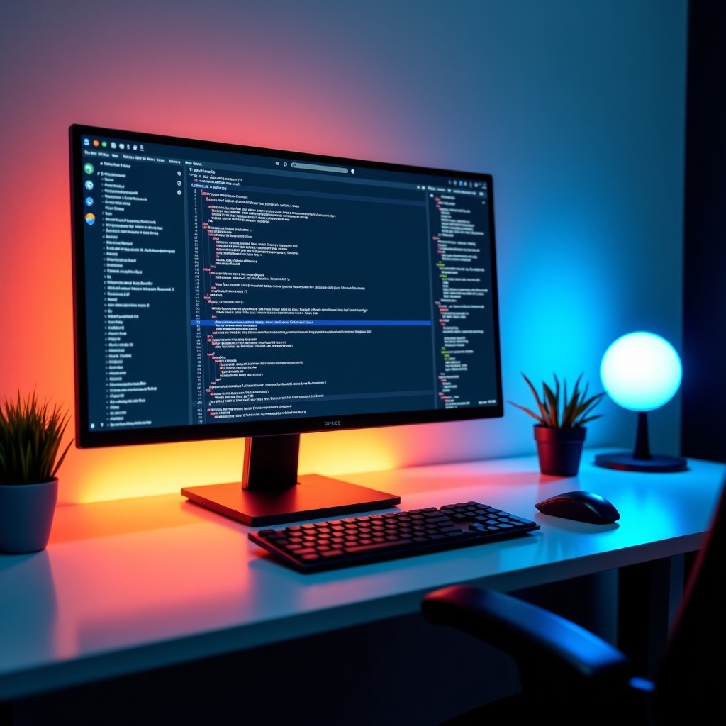 A clean and organized creative workspace with a high-end monitor displaying complex software, soft ambient desk lighting, professional atmosphere, 4:3