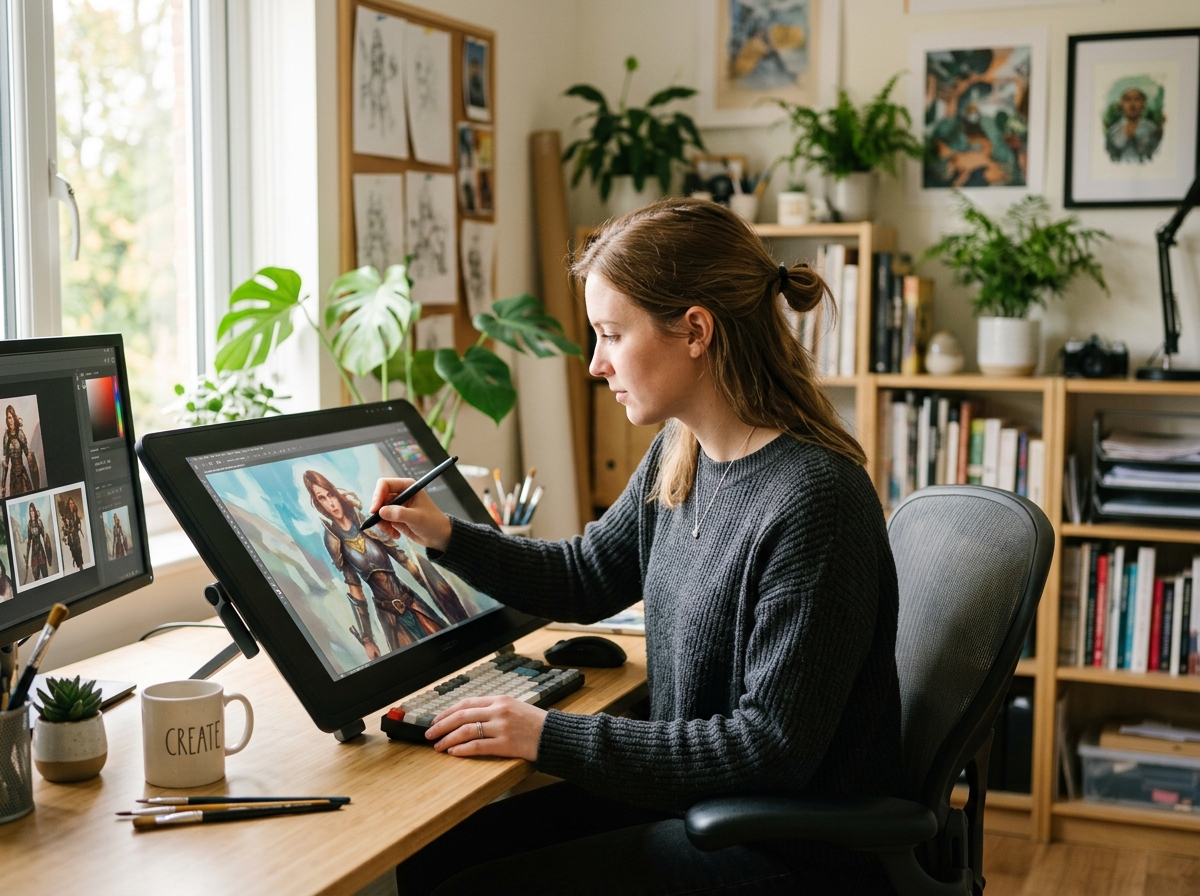조명 아래 작업 중인 디자이너의 모습