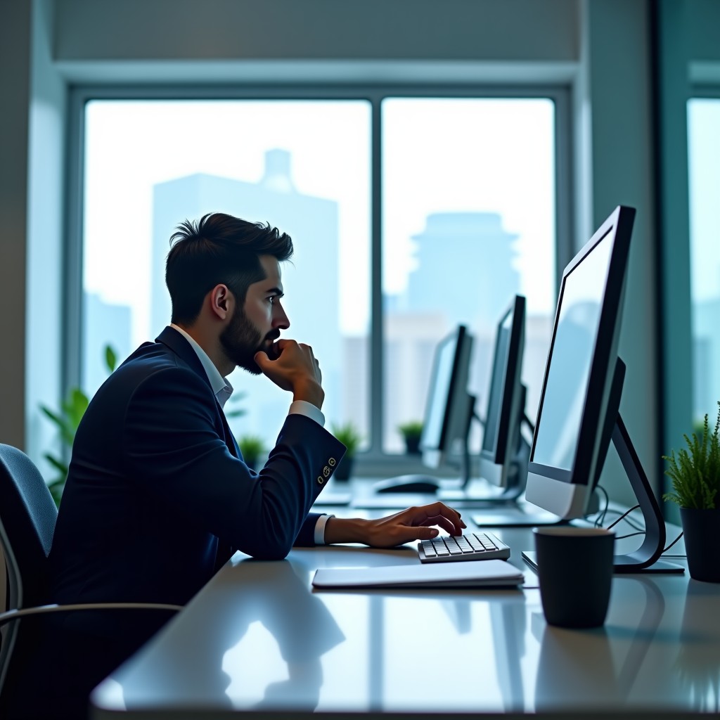 A professional office environment with advanced technology gadgets, focusing on analytical work and decision making, modern and clean aesthetic. 4:3