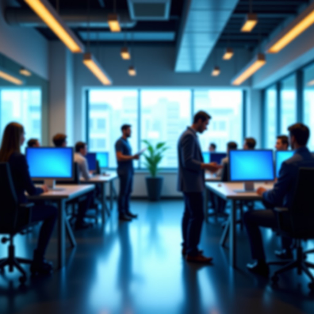 Modern team working in a bright office with digital holographic screens, depth of field, natural lighting, professional atmosphere, 4:3