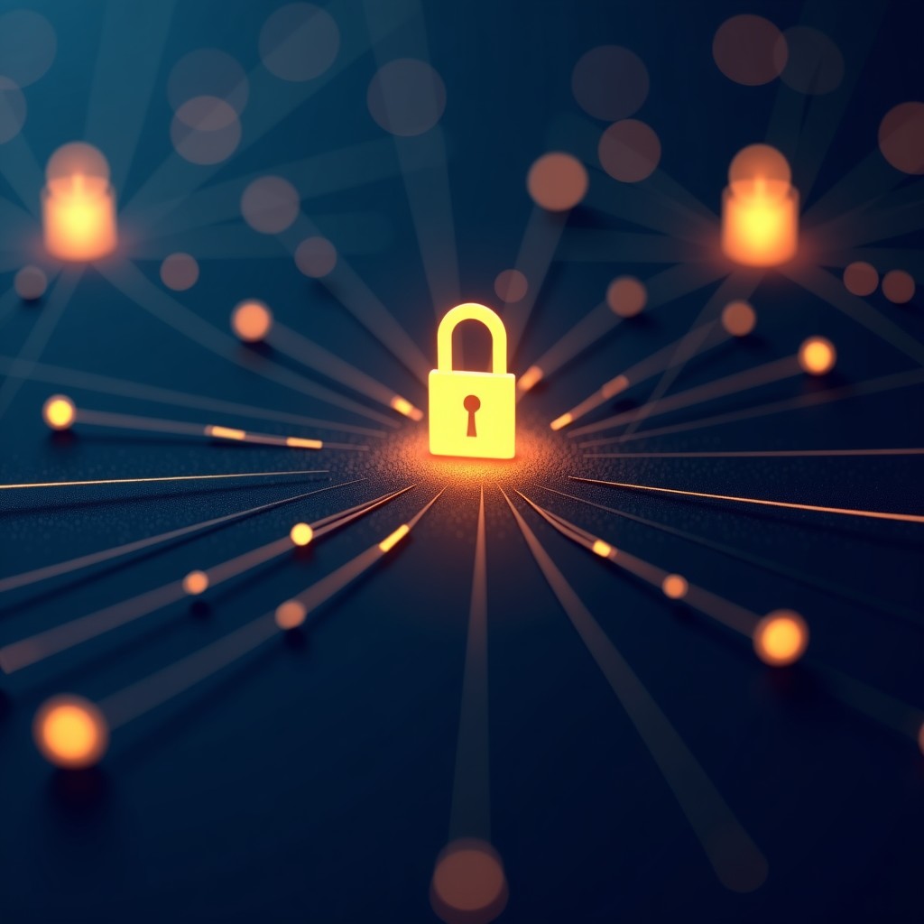Abstract representation of secure data privacy, glowing nodes and network connections, dark blue and gold theme, minimalist style, 4:3 aspect ratio.