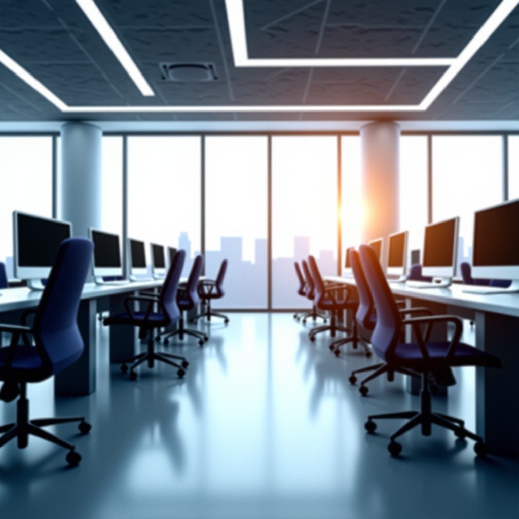 A modern and bright workspace with a futuristic touch, conceptualizing business growth and technology, 4:3 aspect ratio.