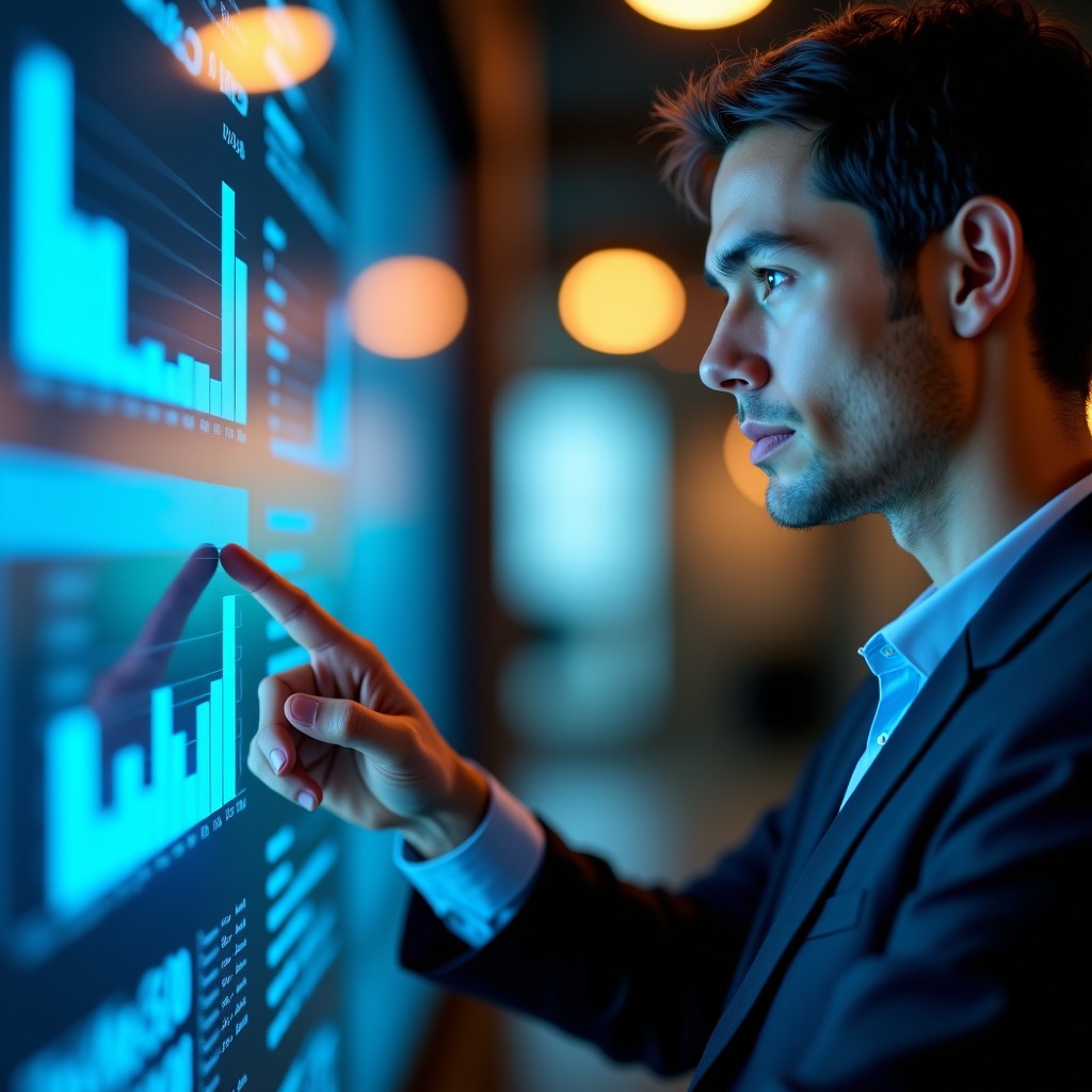 Close up of a professional analyzing data insights on a sleek digital interface, reflecting modern business productivity, warm studio lighting, 4:3 aspect ratio