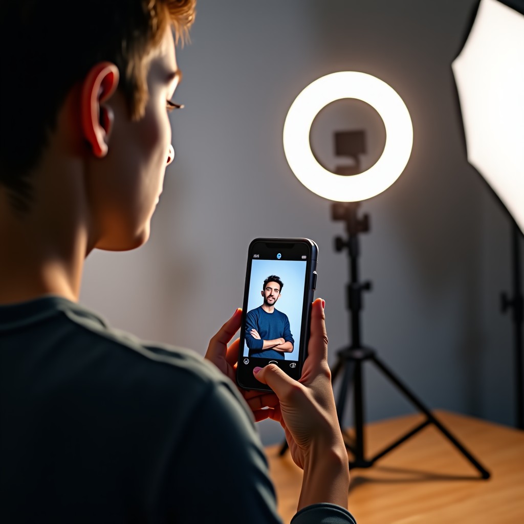 A creative professional setting up a ring light and smartphone for high-quality short-form video recording in a bright studio, 16:9 aspect ratio.