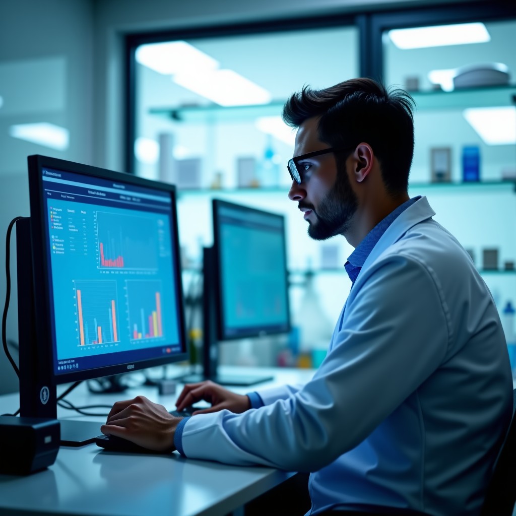 A professional scientist in a modern laboratory analyzing data on a computer screen, clean clinical environment, high contrast, realistic, 4:3 aspect ratio